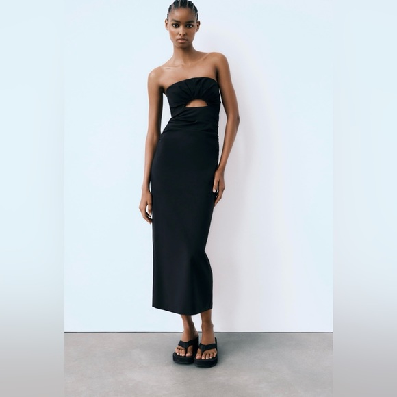 ZARA NWT Black Strapless Cut-Out COTTON Blend MIDI Dress Size Small - Picture 1 of 11